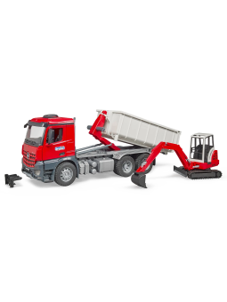 Bruder - MB Arocs Truck with Roll-Off Container and Schaeff Mini-Excavator