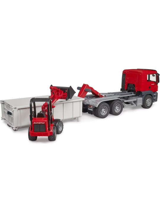 Bruder – MB Arocs-Lkw mit Abrollcontainer und Schaeff-Minibagger