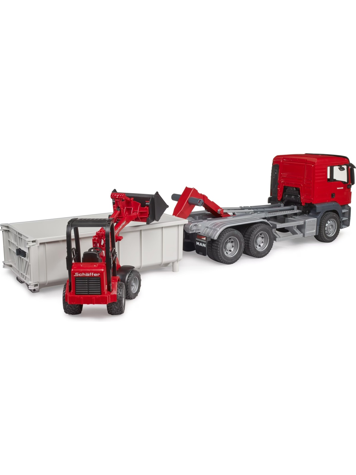 Bruder - Camion MB Arocs avec conteneur déroulant et mini-pelle Schaeff