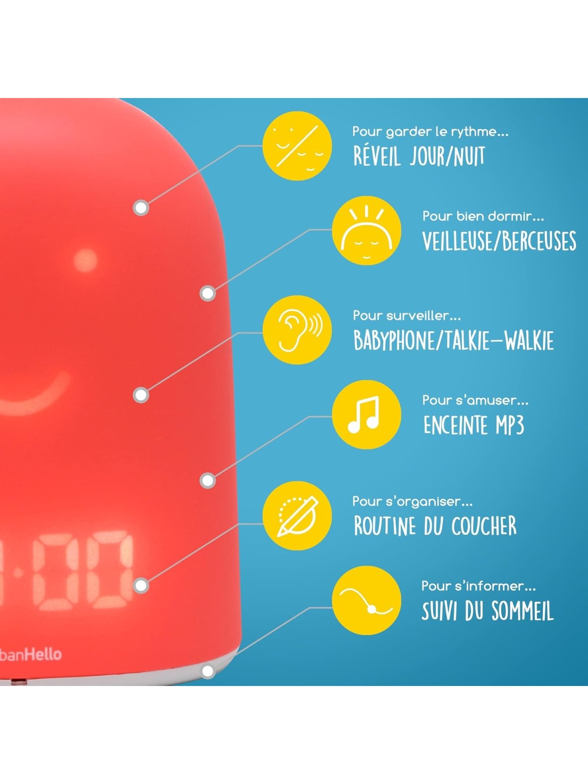 UrbanHello - REMI, réveil intelligent, veilleuse et babyphone multifonctions, rose